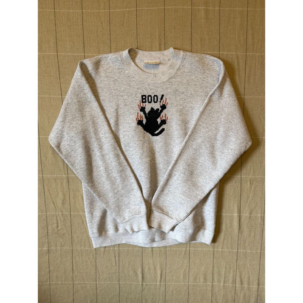 Vintage Riders Halloween Cat Sweatshirt Large Gray BOO Cross Stitch Crewneck